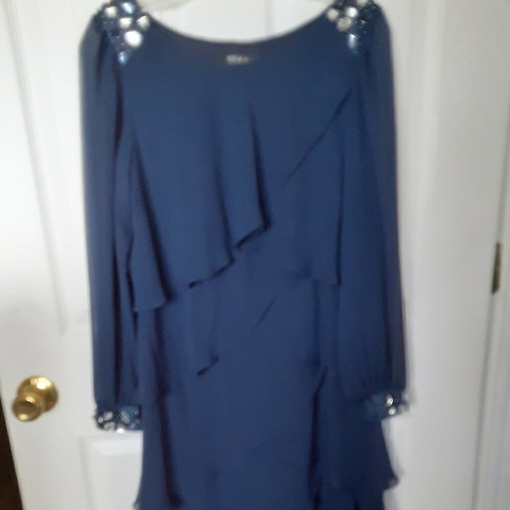 S.L. Fashions Size 8 Navy Blue Dress w. Layered Ruffles & Beaded Shoulders/Cuffs